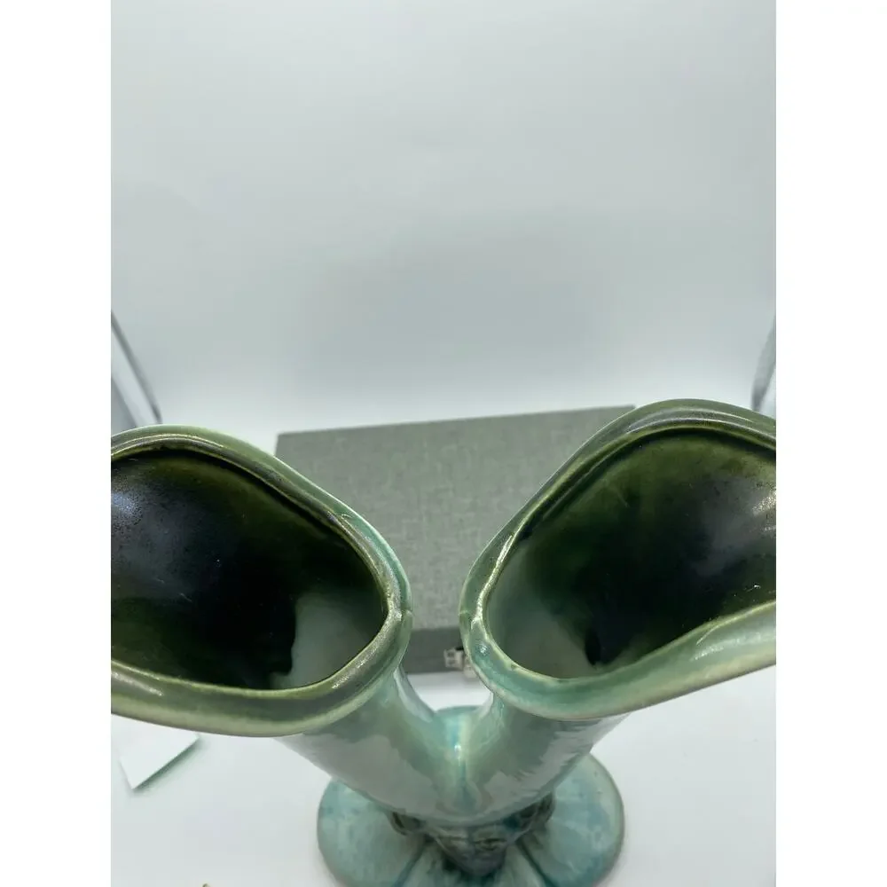 Vintage Hull Green Woodland Double Horn Bud Vase green and Blue‎ 40s 103